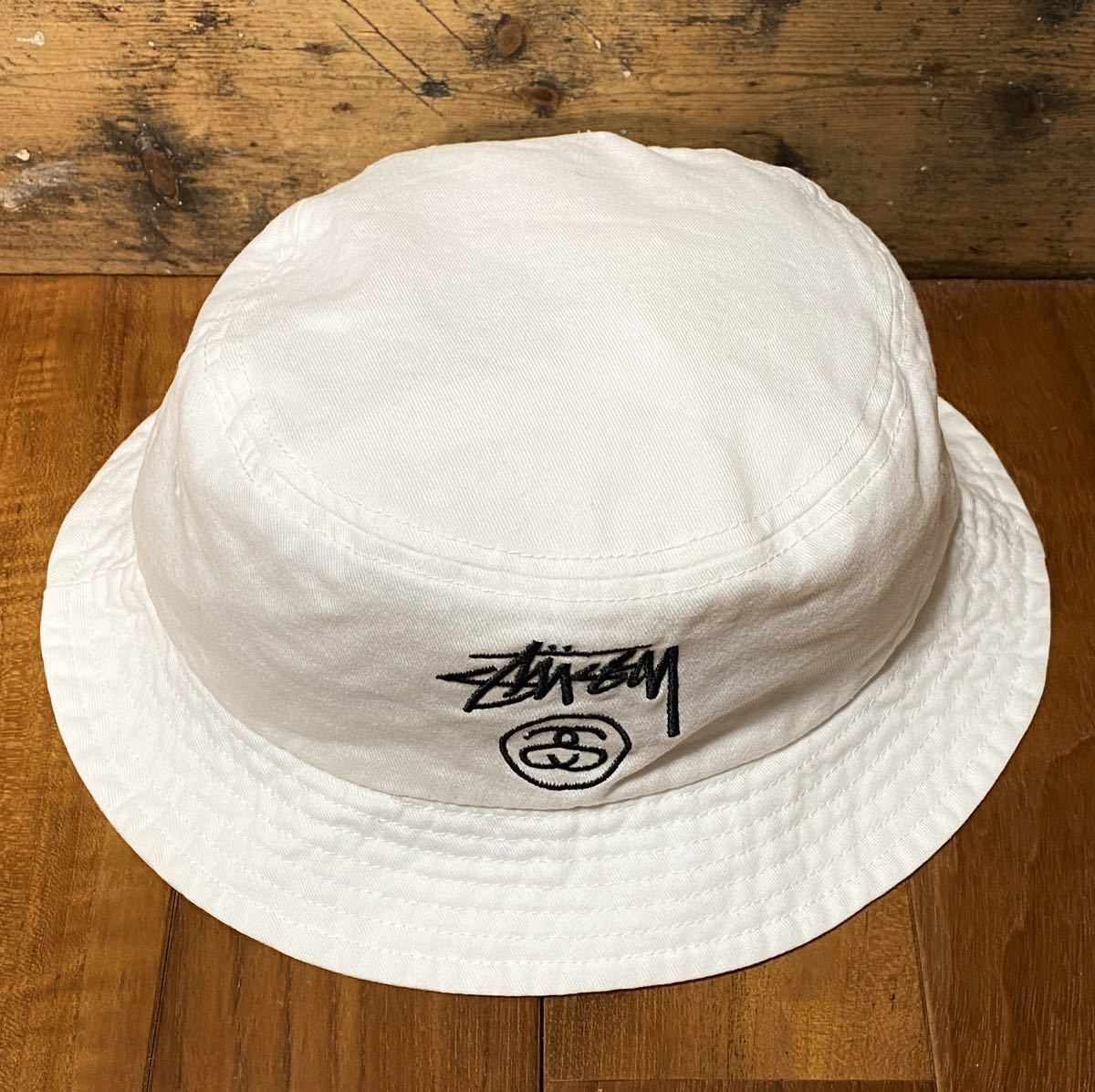 STUSSY ロゴ刺繍 コットン バケットハット size:S/M ホワイト 