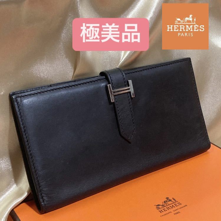 極美品★正規品 HERMES エルメス べアン 二つ折り 長財布 ブラック