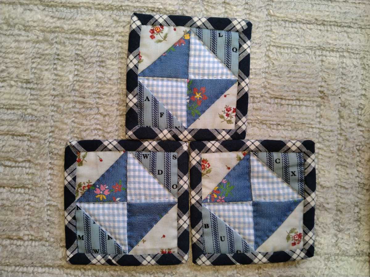 ハンドメイド☆パッチワークキルトコースター☆青色3枚組_2