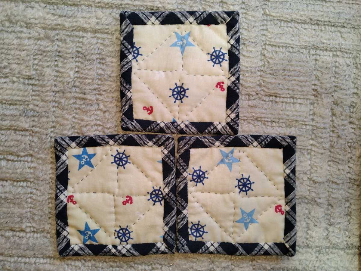 ハンドメイド☆パッチワークキルトコースター☆青色3枚組_3