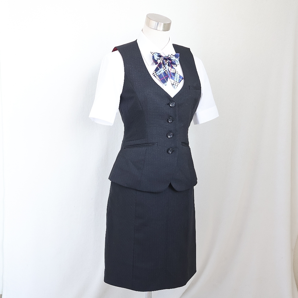 在庫僅少 13号 ENJOY Noir 黒 裏地が赤 事務 新品◆ OL制服 / 事務服 ◆ ベスト，スカート，上下セット，新品ブラウス，新品リボンのオマケ付