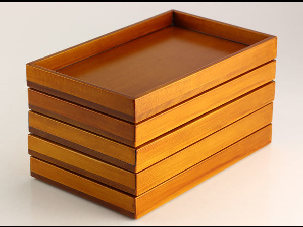 日本美術　石岡庄寿郎　能代春慶塗　長方盆　5客　箱付　L1311