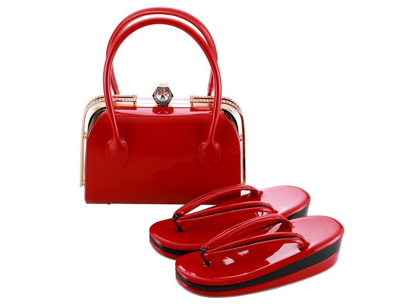 【1円～！！】新品 ◆振袖用◆ ラインストーン付 エナメル バイカラー 草履 バッグセット　bs-266（Bレッド×ブラック）
