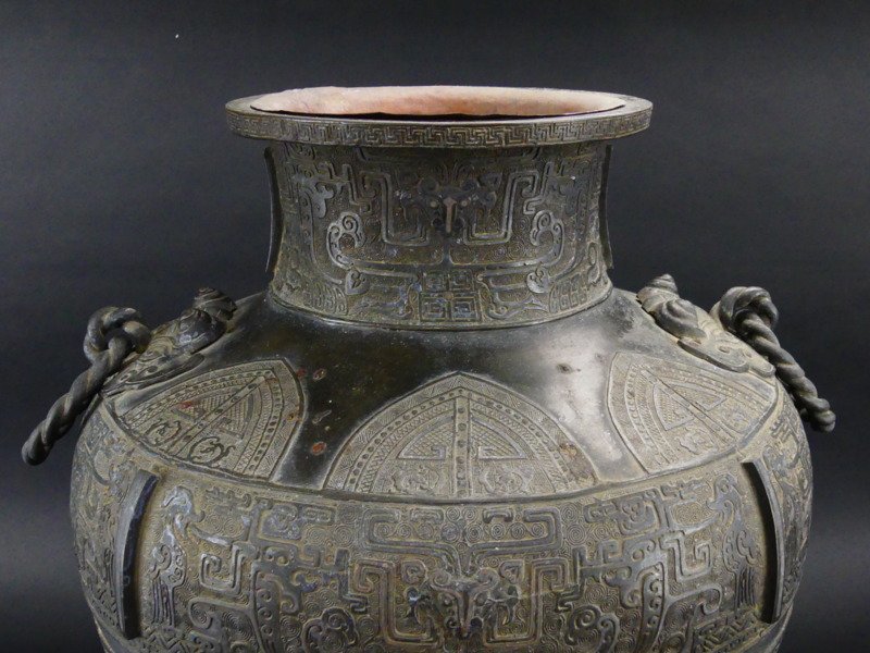 s114 大型 中国 古玩 古銅 饕餮文双環青銅花瓶 在銘 壺 銅器 全高約