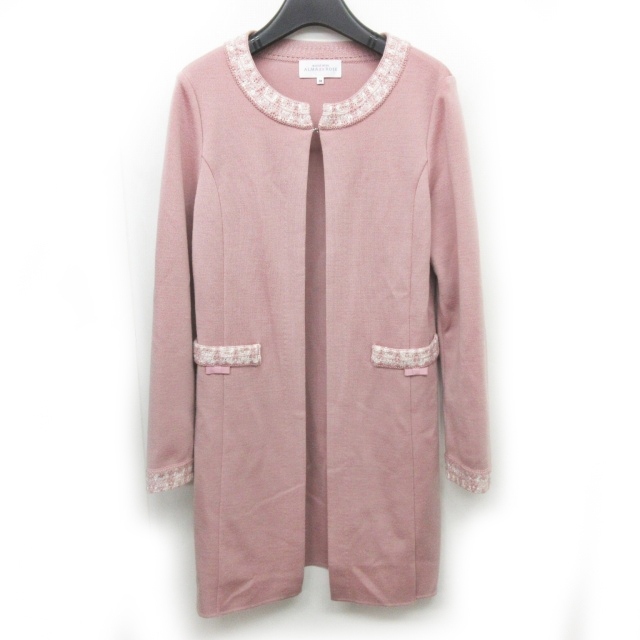 ハナエモリ HANAE MORI ALMA EN ROSE 美品 近年モデル ロングカーディガン ウール 切替 ラメ グリッター リボン ピンク ベージュ 系 38 M 1
