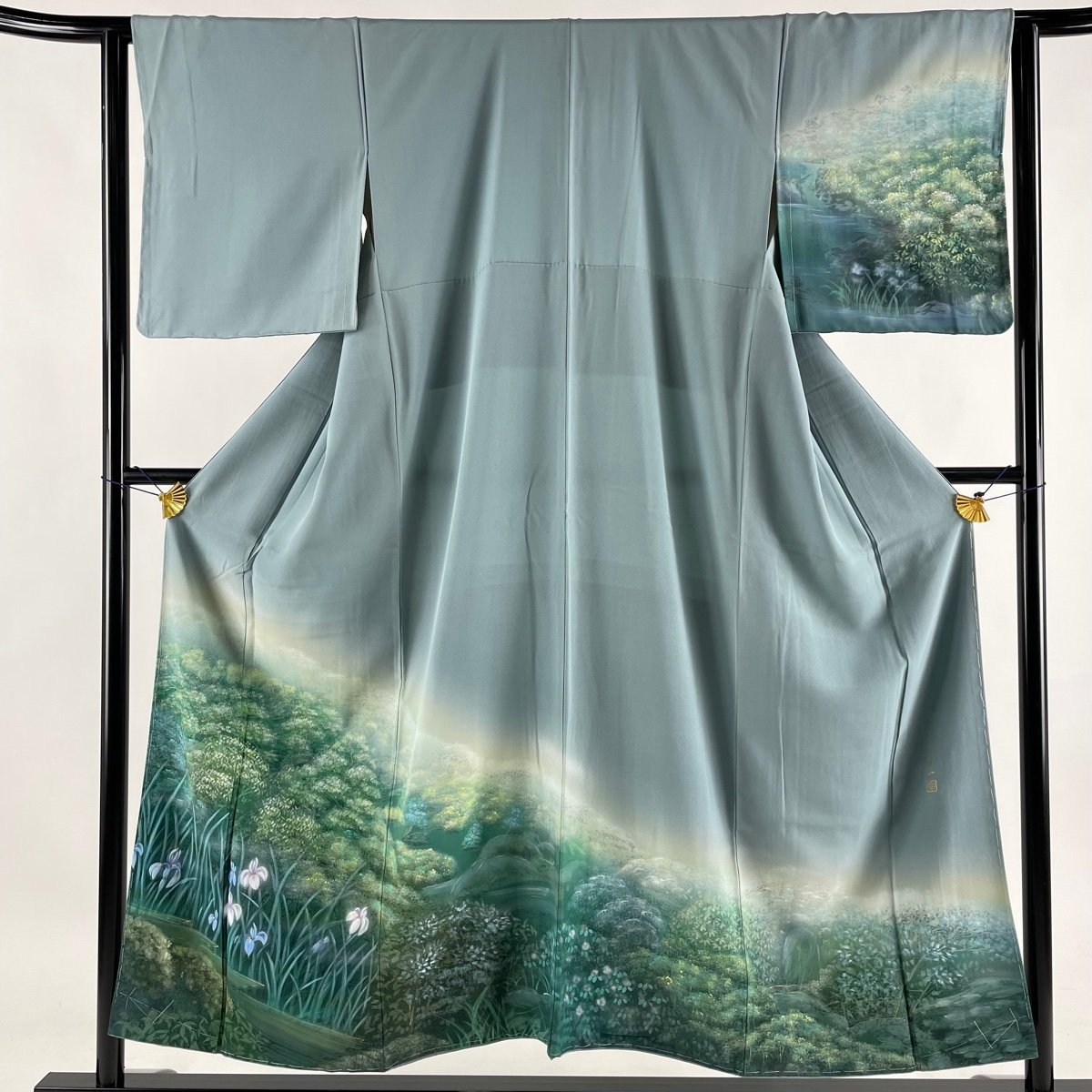 新古品！絹絽＊淡い灰藤色＊錦鯉＊魚＊豪華＊夏物＊訪問着＊希少＊１５７ｃｍ＊裄６４ 訪問着 秀品 水辺の風景 菖 金彩 ぼかし 青灰色 袷 身丈152.5cm 裄丈