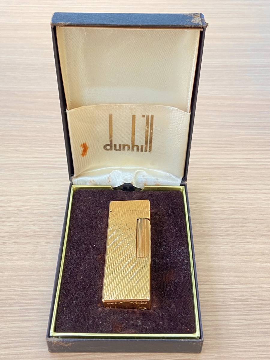 【BEF 195】Dunhill ダンヒル ライター ゴールド 着火未確認 箱付き ガスライター 波模様 ヴィンテージ 金色 ローラー ジャンク 現状品