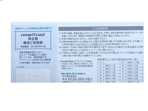 ■ リゾートトラスト 株主ご優待3割引券 1枚 ■ 普通郵便込 ■