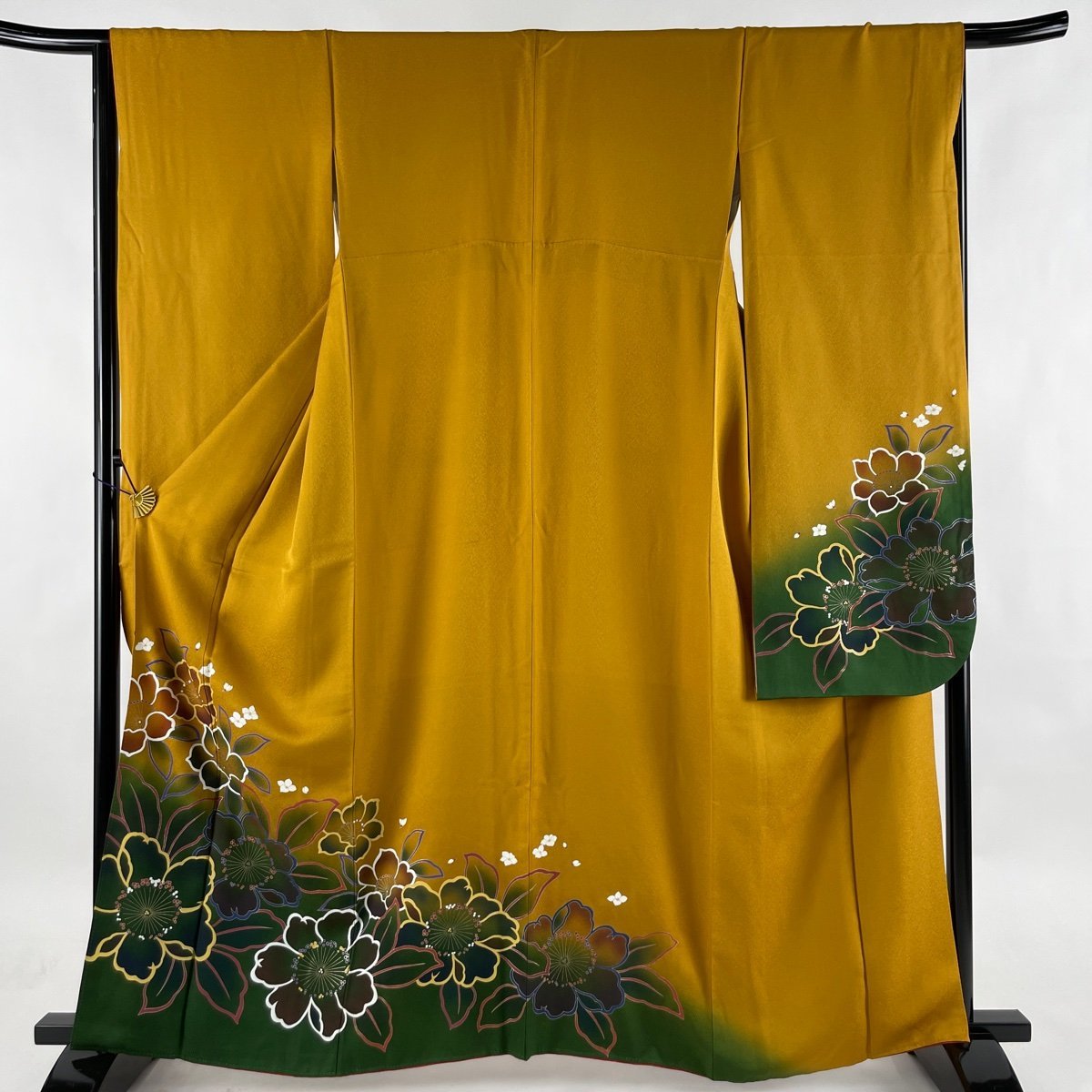 振袖 美品 秀品 花 金彩 染め分け 山吹色 袷 身丈163cm 裄丈66cm M 正絹 【中古】