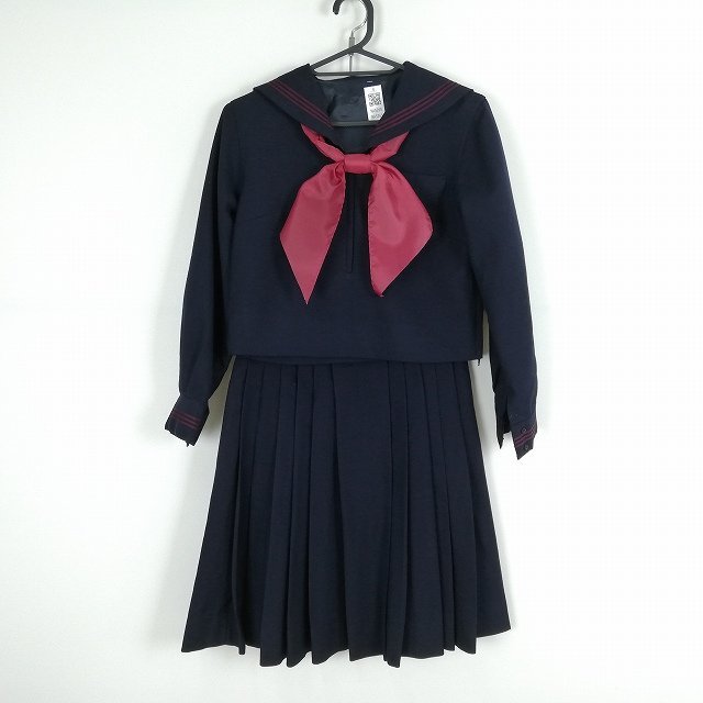 1円 セーラー服 スカート スカーフ 上下3点セット 冬物 赤3本線 女子 学生服 神奈川北鎌倉女子学園高校 紺 制服 中古 ランクB NA5265
