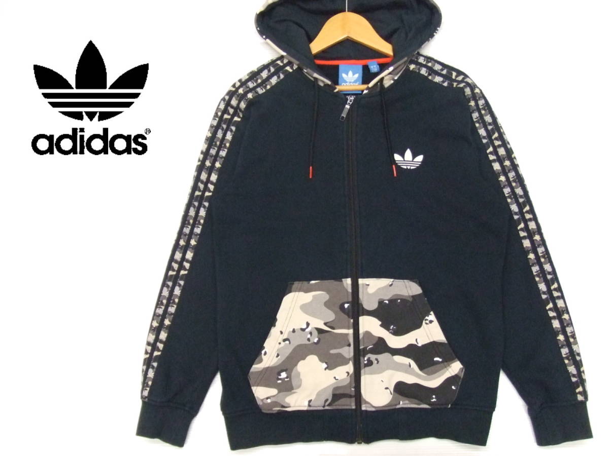 □adidas originals□スウェットジップパーカー 黒×迷彩柄 Mサイズ 