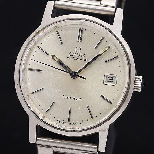 OMEGA Genève 手巻き時計 シルバー文字盤 1円 オメガ AT/自動巻 ジュネーブ シルバー文字盤 デイト メンズ腕時計