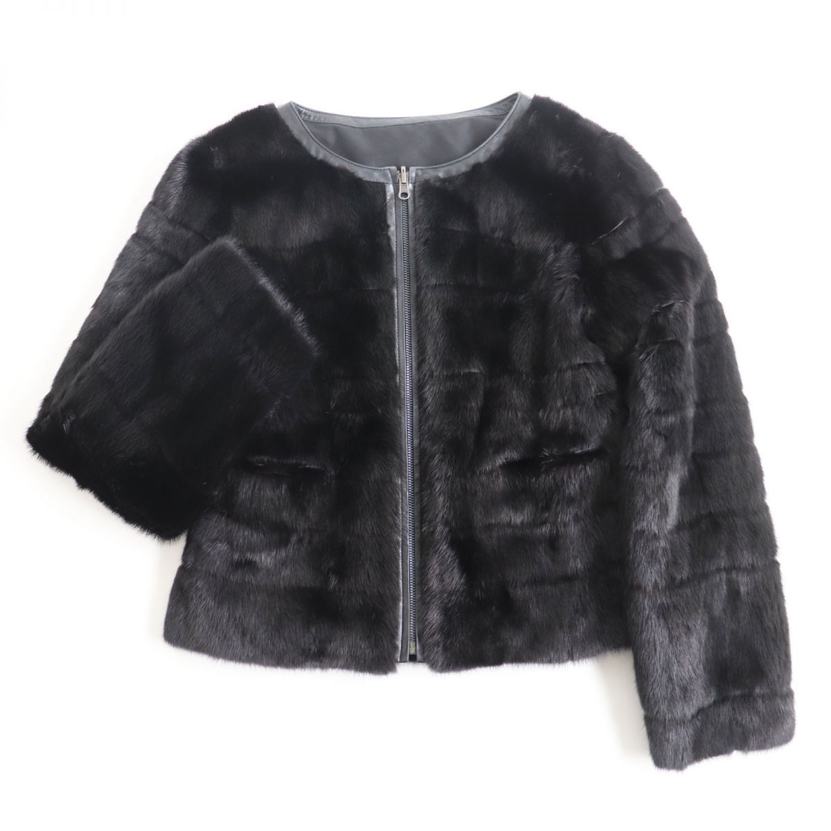 美品●MINK ミンク×シルク100％ ラムレザー リバーシブル ZIPUP 本毛皮ブルゾン/ジャケット ブラック M〜L 毛質艶やか・柔らか◎