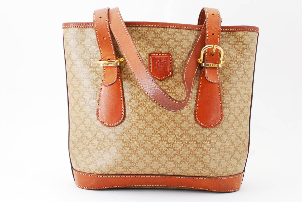 【1円スタート】CELINE　ヴィンテージ　セリーヌ　マカダム　レザー　ショルダーバッグ　トートバッグ　バケツ　ブラゾン　23-00039