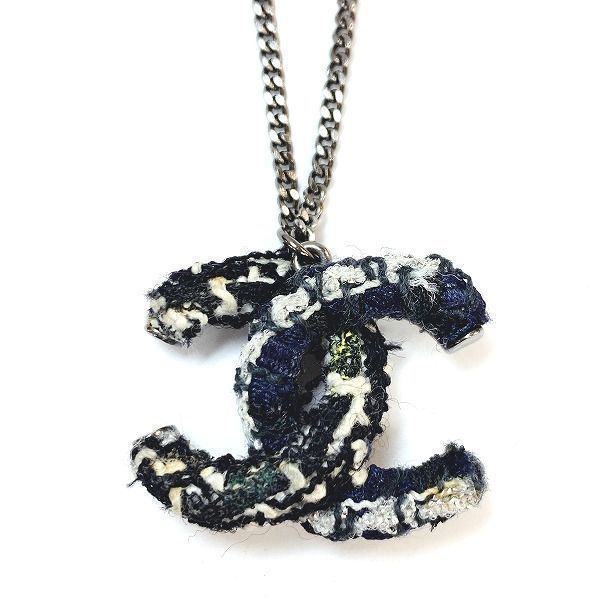 レア【送料無料】CHANEL シャネル ツイードココマーク ネックレス アクセサリー ガンメタ GP×ツイード レディース 人気