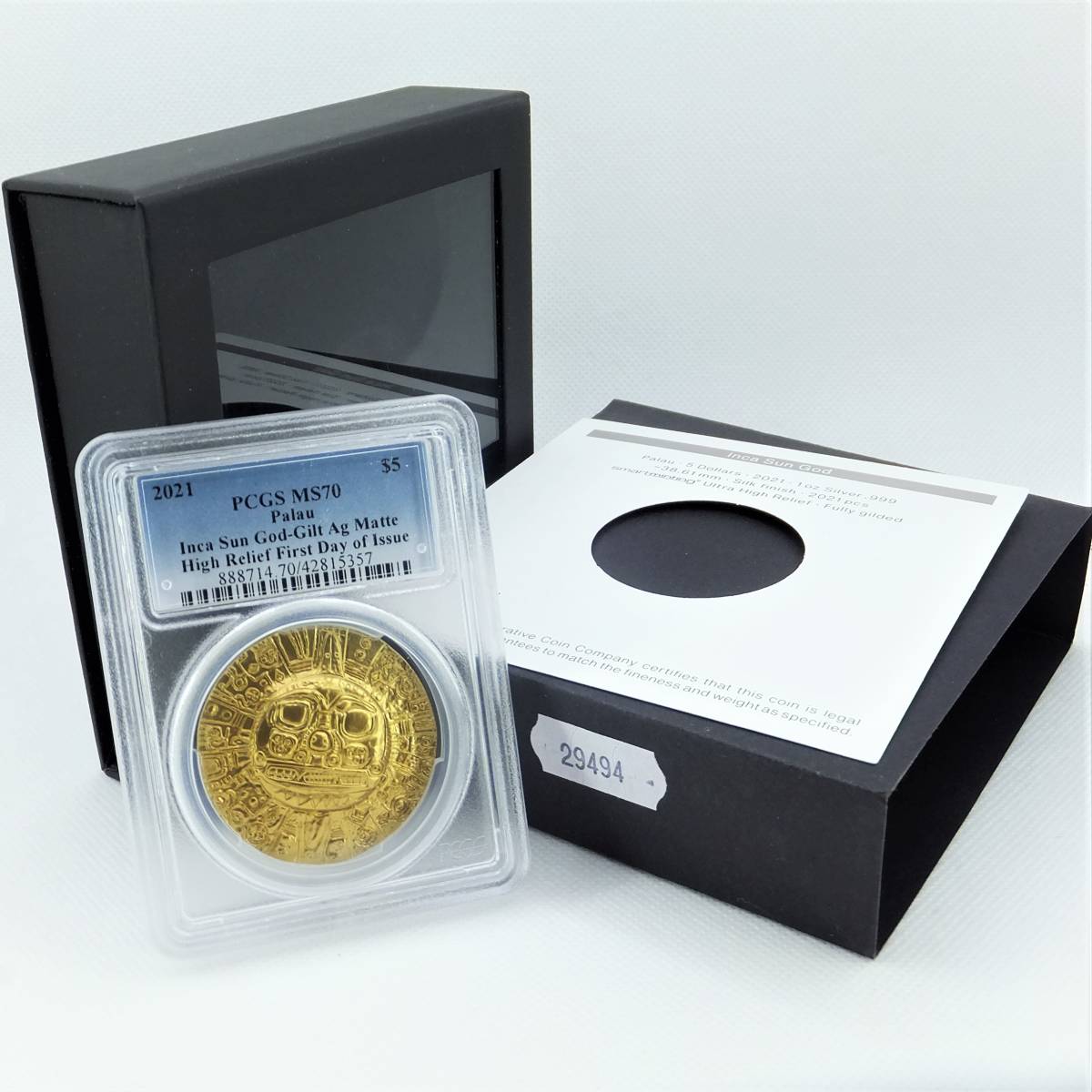 パラオ 5ドル NGC 銀貨 0 MS70 2021年 金メッキ 初日発行 インカ帝国 
