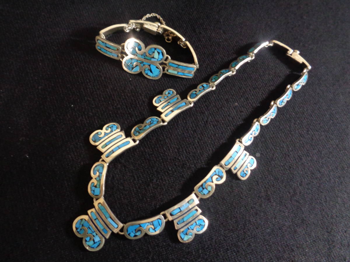 ＊100円～【美品】CHL MEXICO TH-18 925 刻印 メキシコシルバー 天然石 ターコイズ ネックレス&ブレスレットセット 総重量 約120g＊M-33