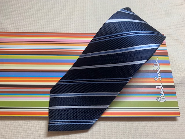 Paul Smith ポールスミスMade in Italy ネクタイ濃紺、青ストライプ柄シルク100