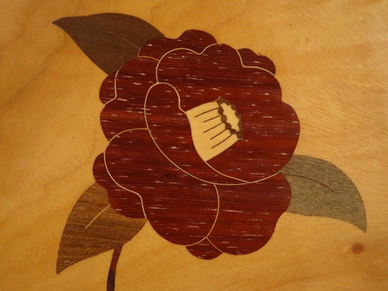 箱根寄木細工 木象嵌師 長澤正秀 椿図 木象嵌 額装 木画 未使用品 s438