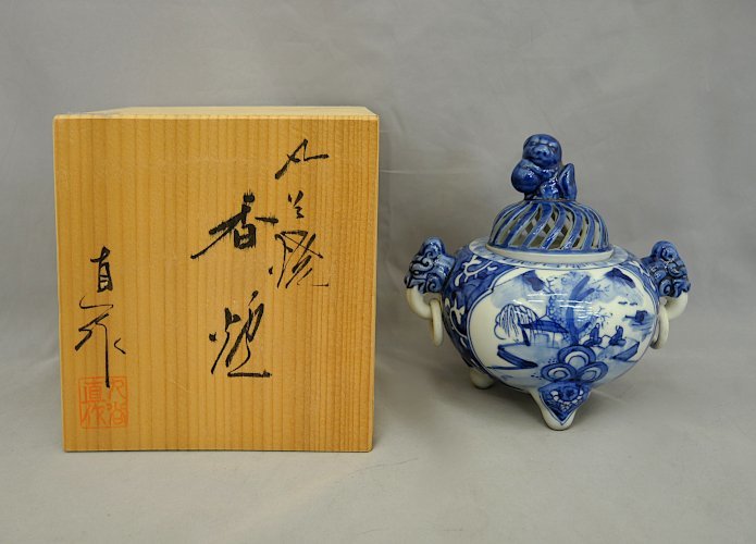美術品・アンティーク・コレクション 青磁 香炉 獅子摘み 九谷焼き 直