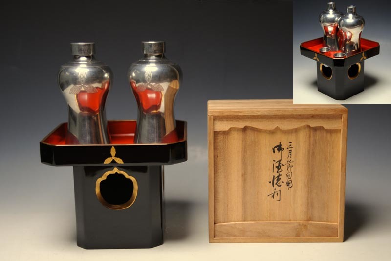 ○雛道具 大きめのお膳揃い 漆器 お膳 錫徳利 菱餅 高杯 湯桶 飯器
