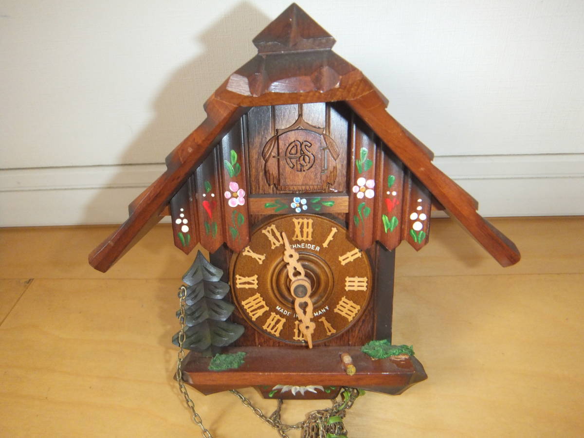 ジャンク品◆ドイツ製 ミニ鳩時計 ゼンマイ式 巻き鍵なし 柱時計 