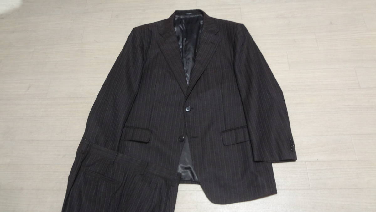 特大サイズ165cmW93cm★REGALリーガル★秋冬物★上質2Bスーツ/濃茶グレー織りストライプブラウン★総裏★シングル２釦★ビジネス
