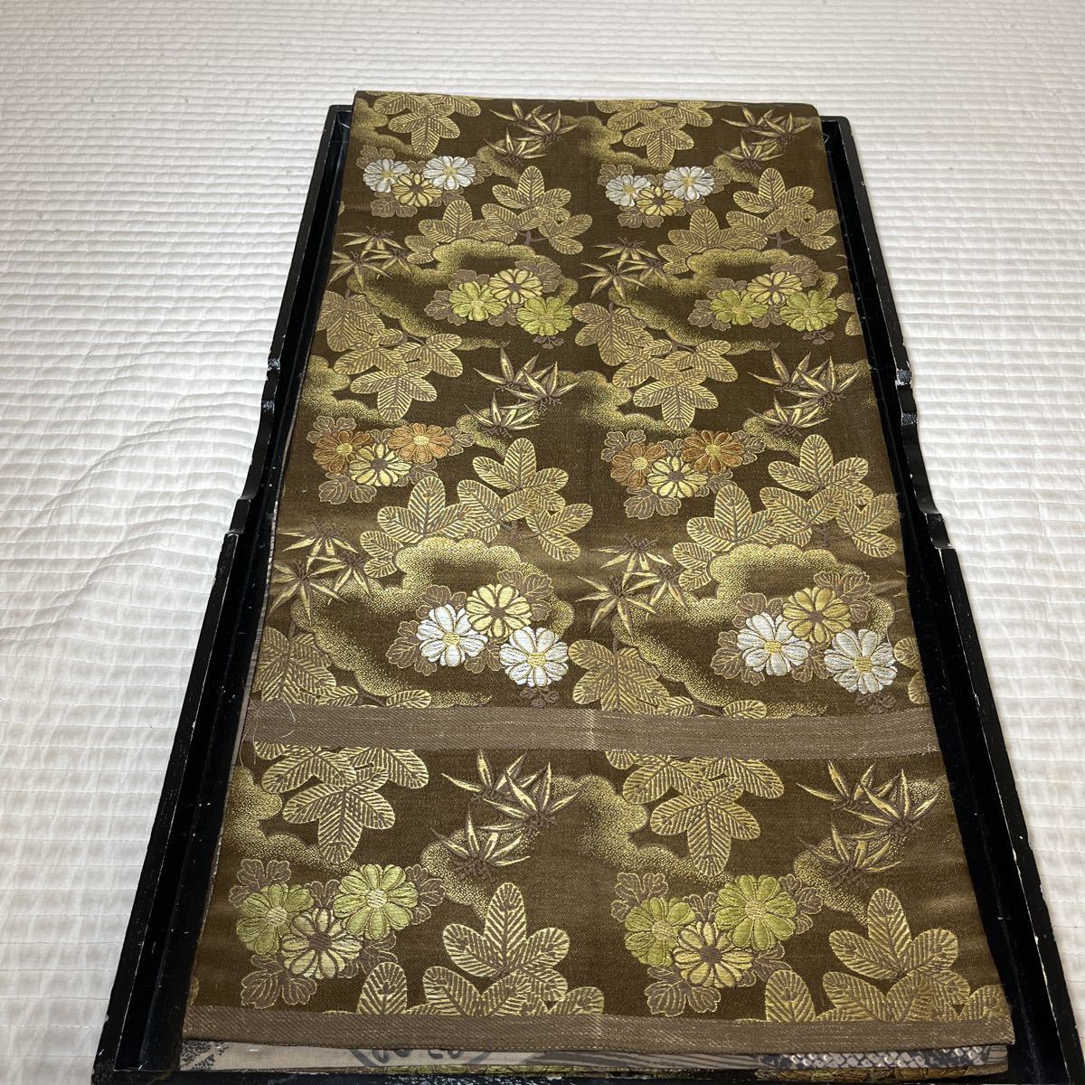 帯　袋帯　正絹　ぼかし　菊　桐　松　雲　全通　茶色地　着物　和服　和装　コーデ　リメイク　アンティーク　レトロ　衣装　百貨店　高級