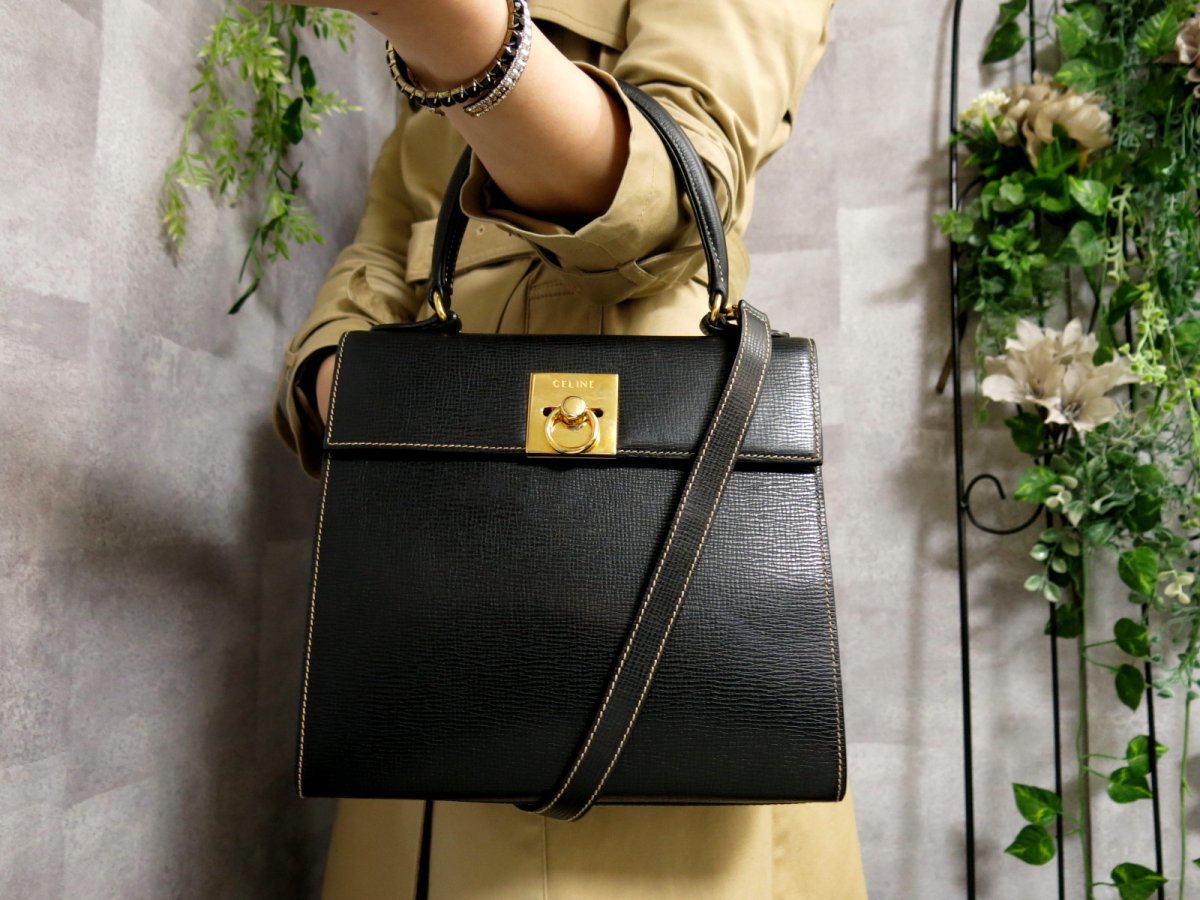 ●超美品●CELINE オールド セリーヌ●ステッチ●カーフ レザー 本革●2way ハンド バッグ●黒●ガンチーニ G金具●ヴィンテージ●Js33807