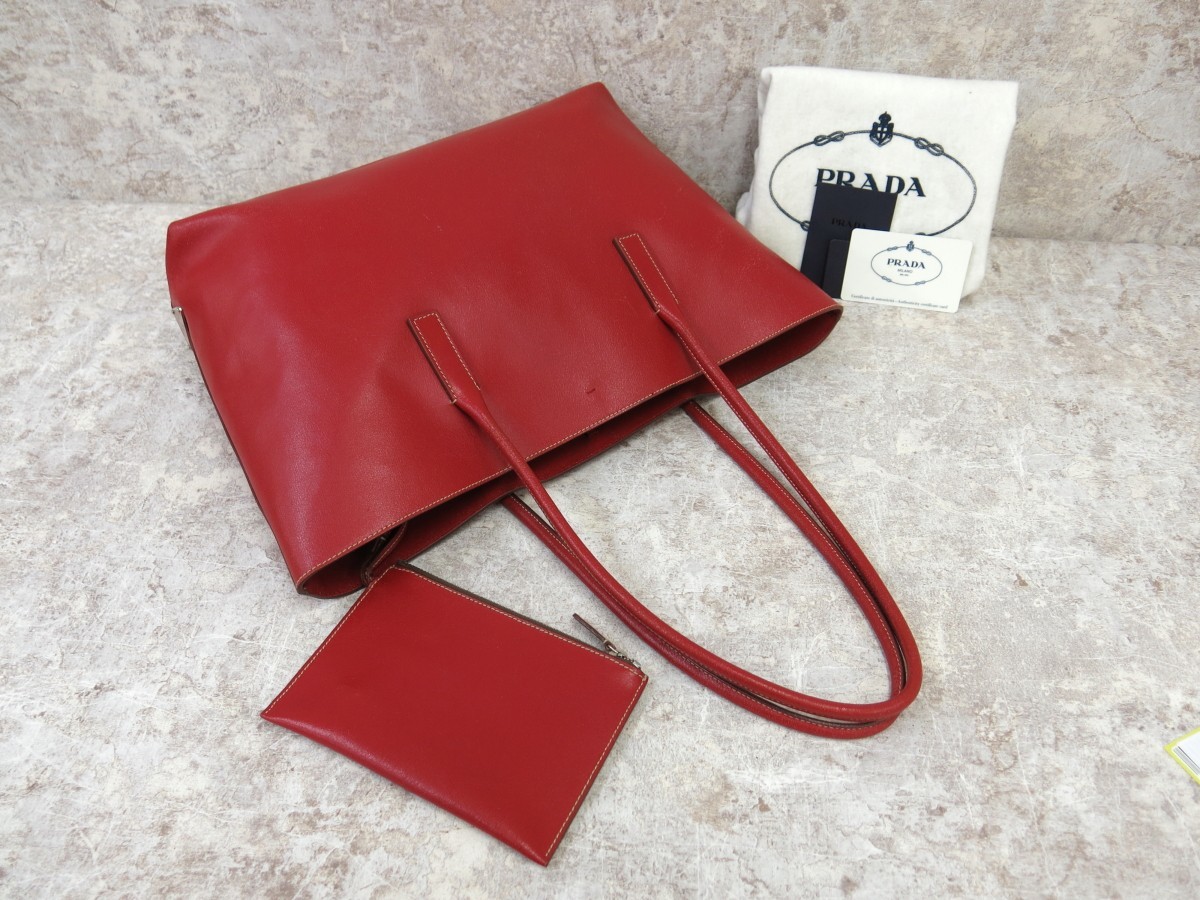 □美品□PRADA プラダ□カーフ レザー 本革□トート バッグ□赤 
