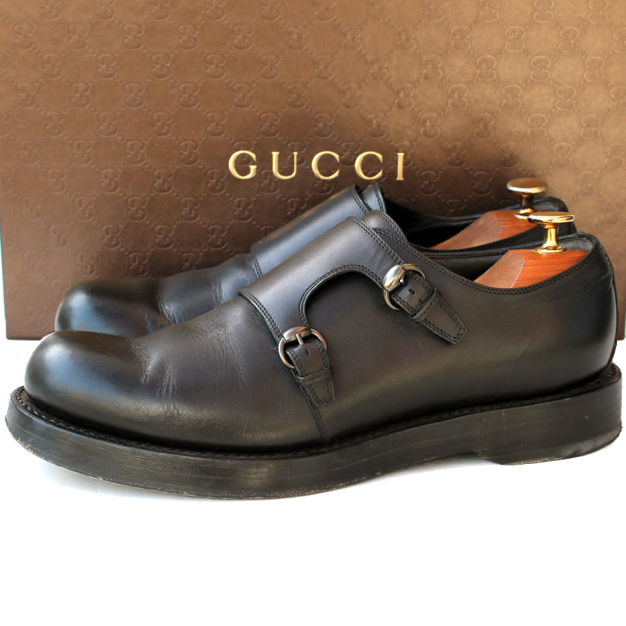 イタリア製★GUCCI グッチ★ダブルモンクストラップ 7.5=26.5 レザー ビジネス カジュアル メンズ ブラック gk i-37