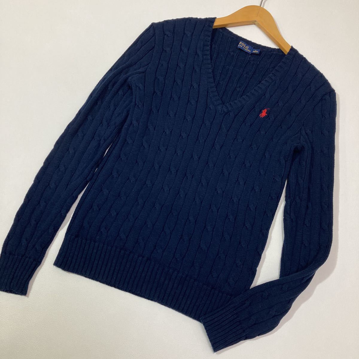 79 POLO RALPH LAUREN ポロ ラルフローレン コットン ケーブルニット Vネック セーター 長袖 ネイビー サイズM プルオーバー 30215AG