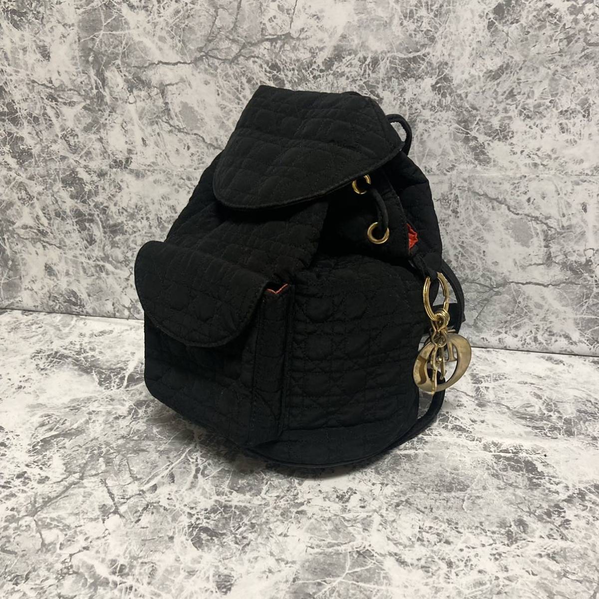 美品　DIOR ディオール　リュック　カナージュ　コットン　ナイロンステッチ　ミニリュック　黒　ブラック　ゴールド　ディオール金具
