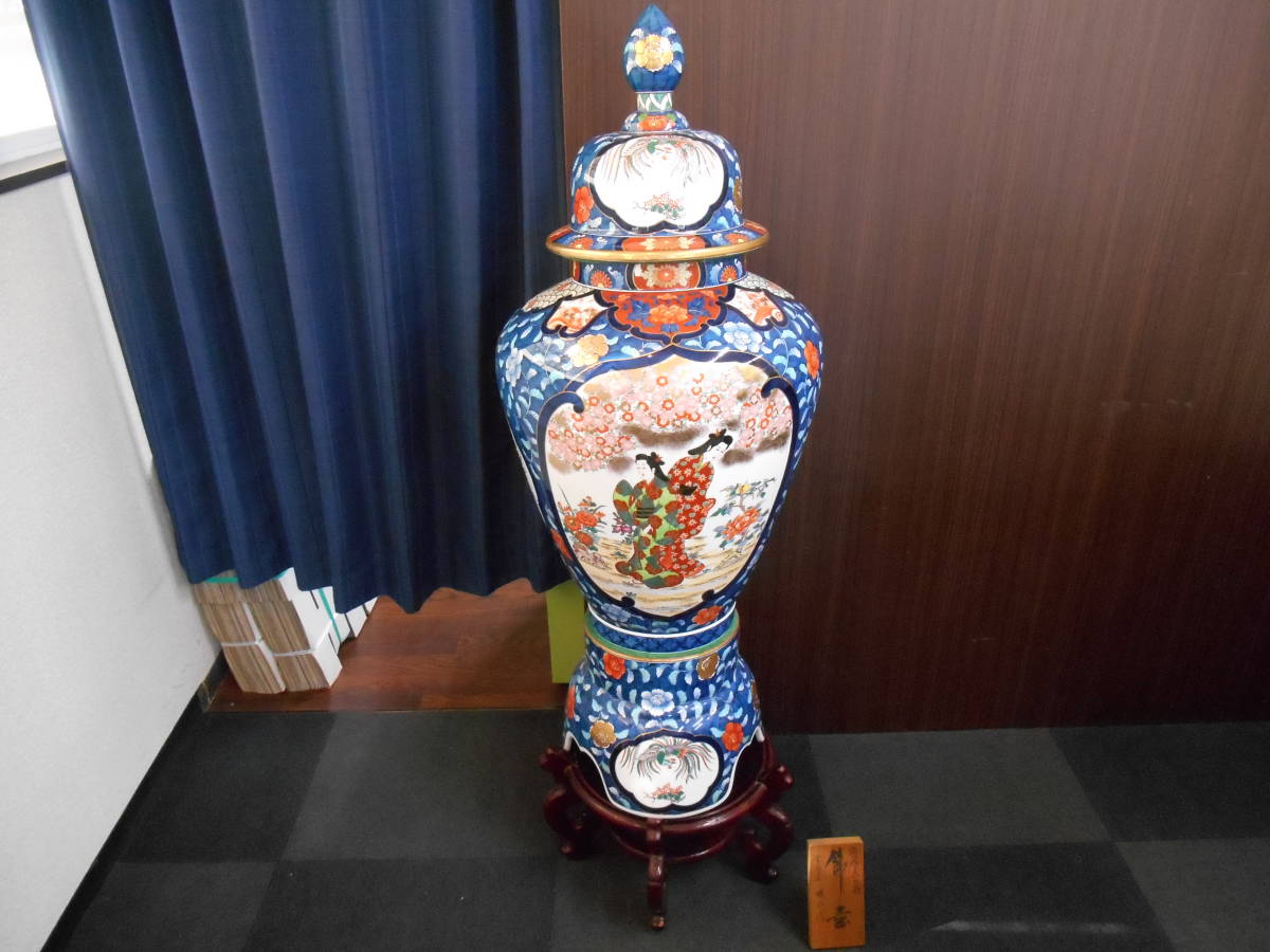 骨董祭 金龍窯 博山作 錦壺 有田焼 三段壺 染錦 大型壺 飾壷 花鳥 金彩