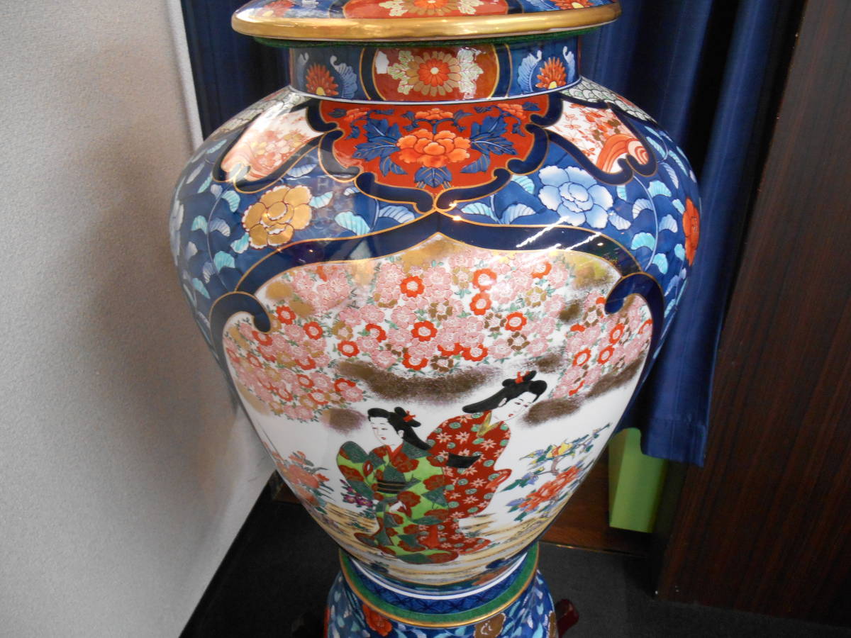 骨董祭 金龍窯 博山作 錦壺 有田焼 三段壺 染錦 大型壺 飾壷 花鳥 金彩
