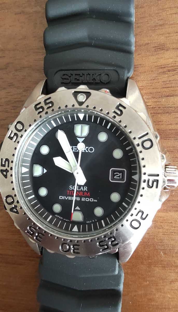 稼働 良品 SEIKO セイコー チタン ソーラー デイト 腕時計 軽量 軽量チタン/比較的綺麗☆ソーラー稼働中/新品ベルト付☆SEIKO☆PROSPEX