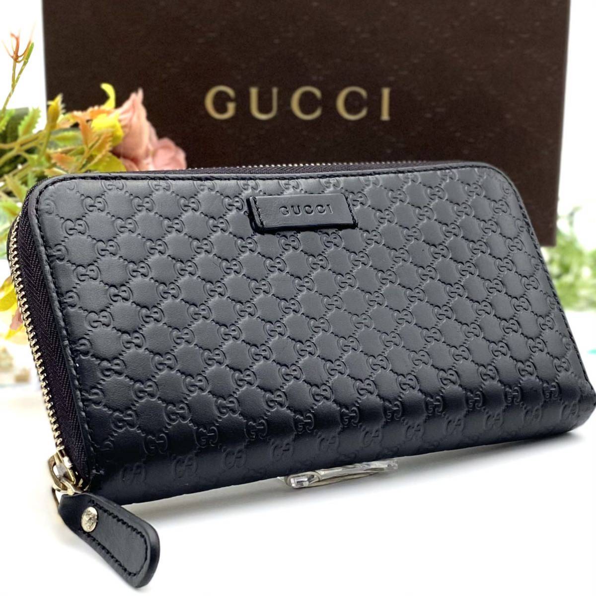 極美品 GUCCI 現行モデル シマ ブラック ラウンドファスナー ジッピー 