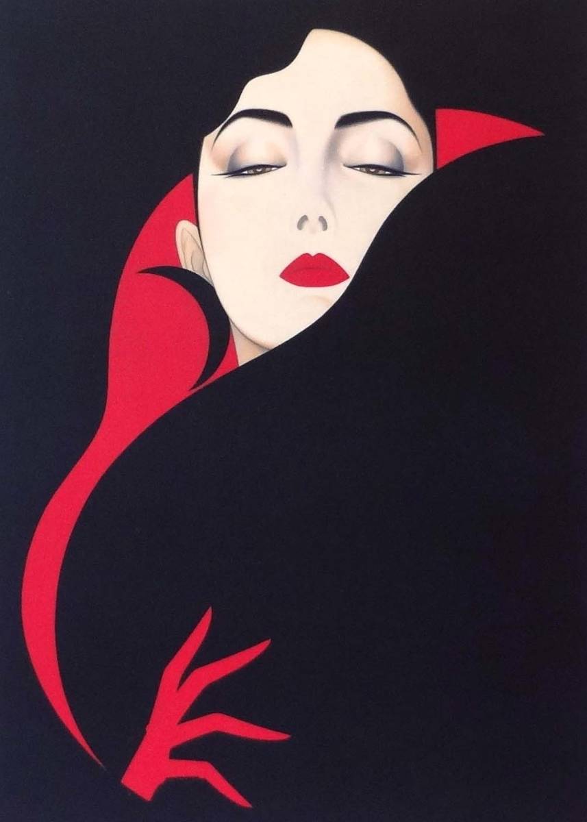 美人画で有名！鶴田一郎（赤と黒の魅惑・1990年）新品A4額装