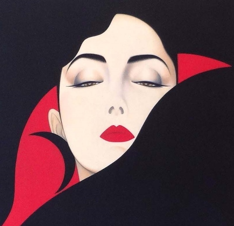 美人画で有名！鶴田一郎（赤と黒の魅惑・1990年）新品A4額装 