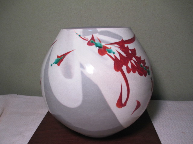 鈴木卓司 【赤絵花紋壺】京焼 花器 大型花瓶 陶歴書 赤絵の卓司 鳴滝の