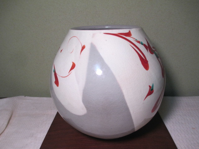 鈴木卓司 【赤絵花紋壺】京焼 花器 大型花瓶 陶歴書 赤絵の卓司 鳴滝の
