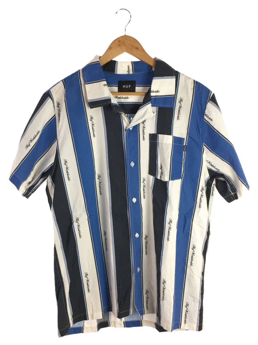 HUF◆WORLD WIDEストライイプS/Sシャツ/L/コットン/WHT/ストライプ