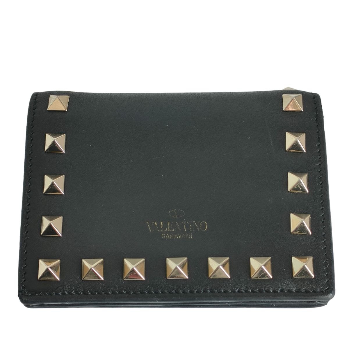 ほぼ美品 VALENTINO GARAVANI ヴァレンティノガラヴァーニ ロックスタッズ レザー スモール 二つ折り ウォレット 財布 箱付き 黒 J0202