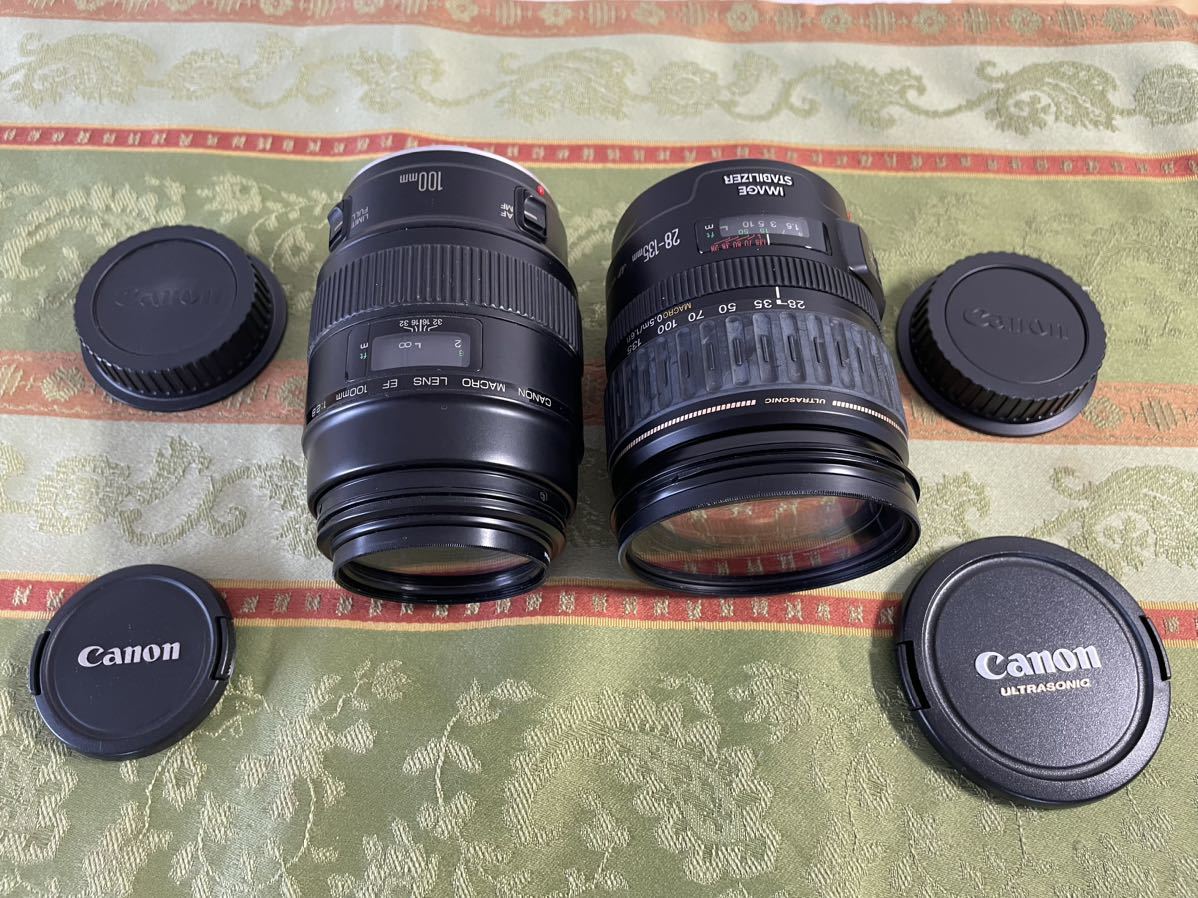 ★Canon キャノン 2台まとめて/ ULTRASONIC 28-135mm IMAGE STABILIZER / マクロレンズ MACRO LENS EF 100mm F2.8 レンズ 中古品