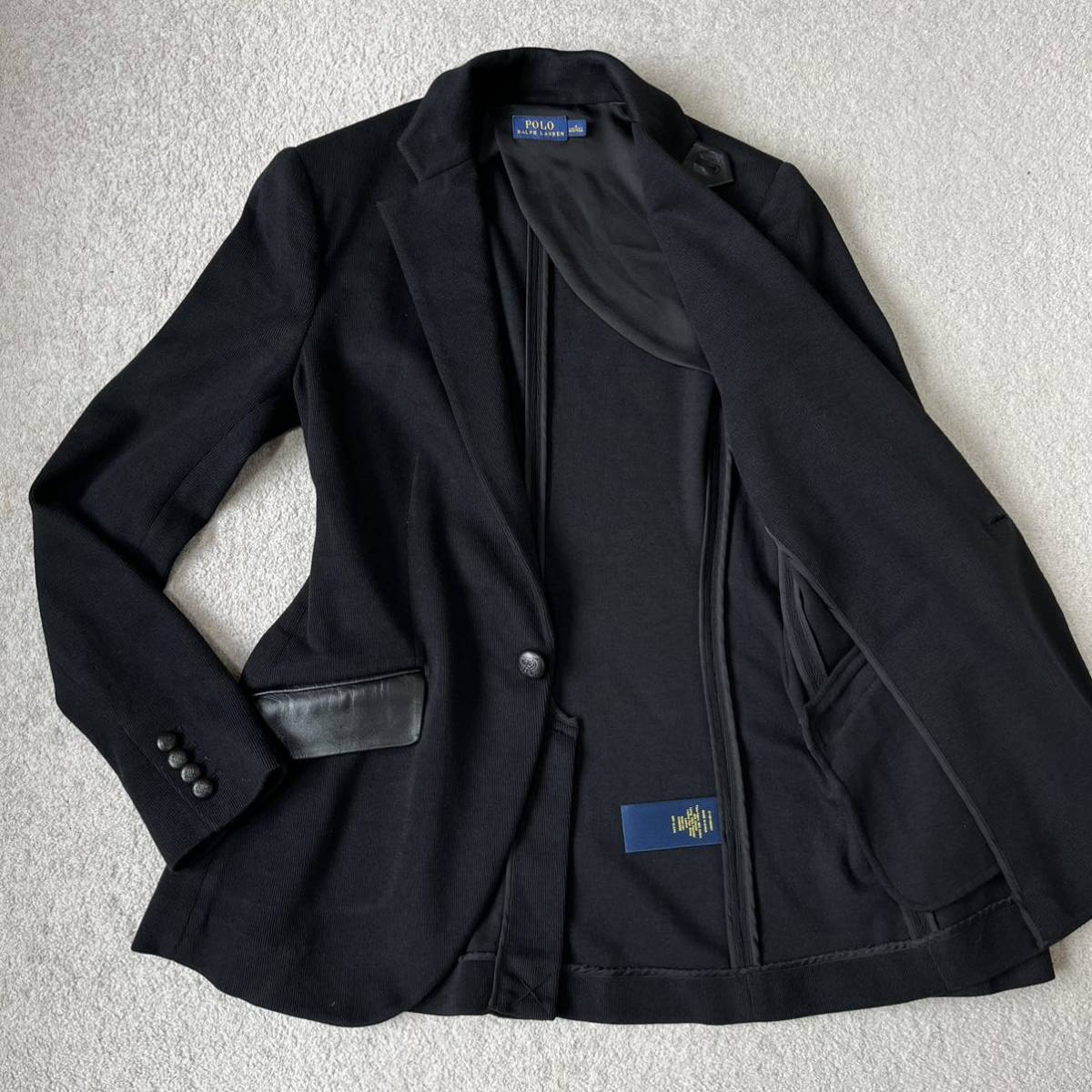 極美品 POLO RALPH LAUREN ポロ ラルフローレン レザー 切替 テーラードジャケット 現行 黒 ブラック 刻印ボタン 本革 ラムレザー