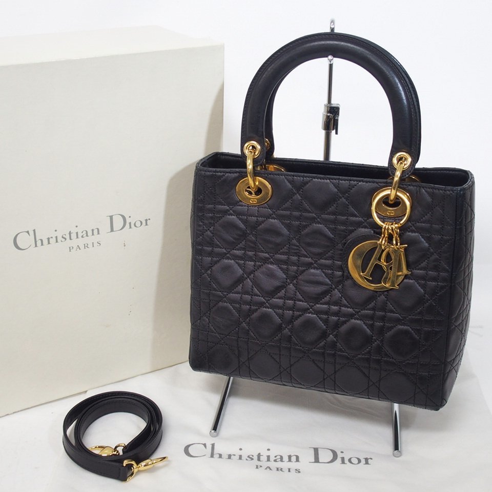 f002 2Fbag 美品 ディオール Dior レディディオール カナージュ ハンドバッグ 2WAY ショルダー レザー ゴールド金具 ブラック 外箱有り