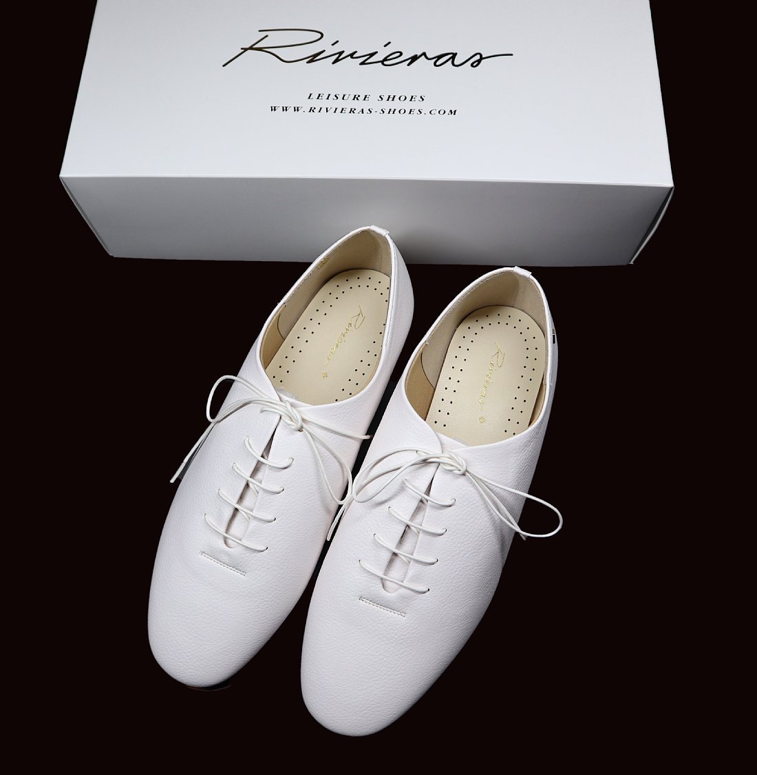 美しいフレンチ流ロングノーズ！【 Rivieras / リヴィエラ (仏 】素足履きのホワイトレザー レースアップ ダンスシューズ 42 / JAZZ靴