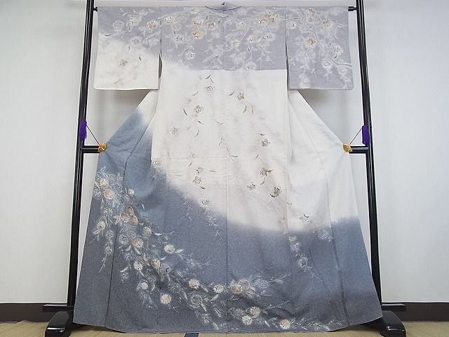 平和屋着物■訪問着　作家物　辻が花　絞り　暈し染め　金銀糸　銀通し地　逸品　km854