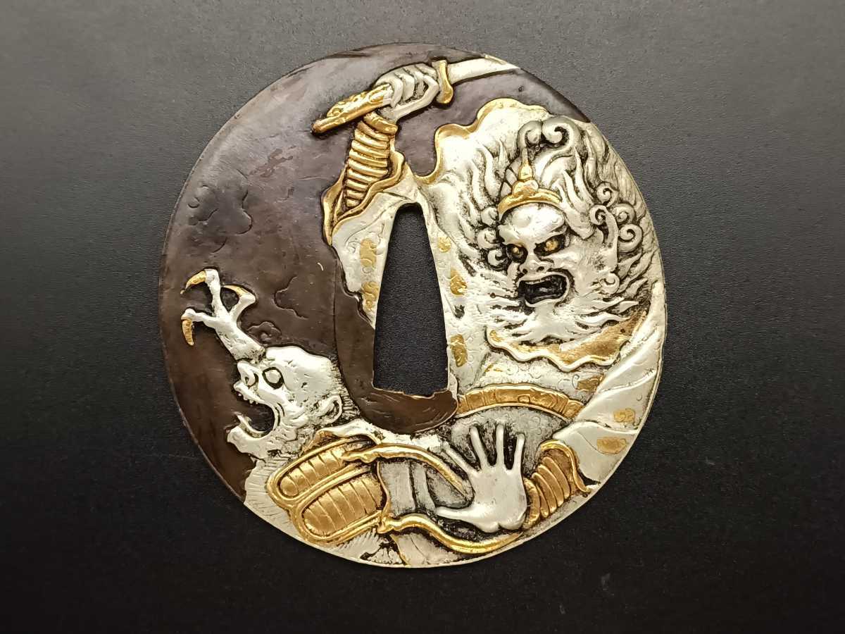 81667 日本刀装具 刀鍔 閻魔大王の図 銅地 細工 絵金銀 鍔 刀の鍔 つば