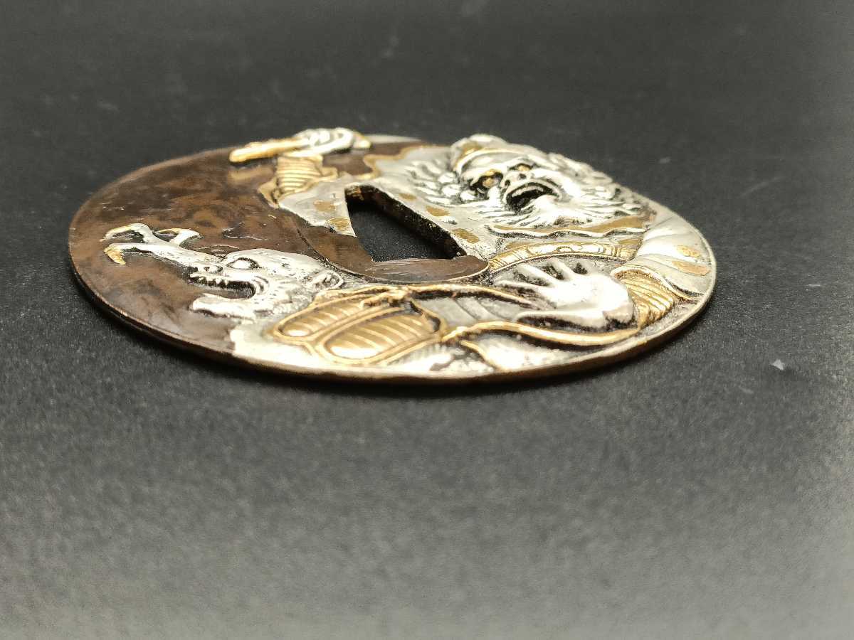 81667 日本刀装具 刀鍔 閻魔大王の図 銅地 細工 絵金銀 鍔 刀の鍔 つば